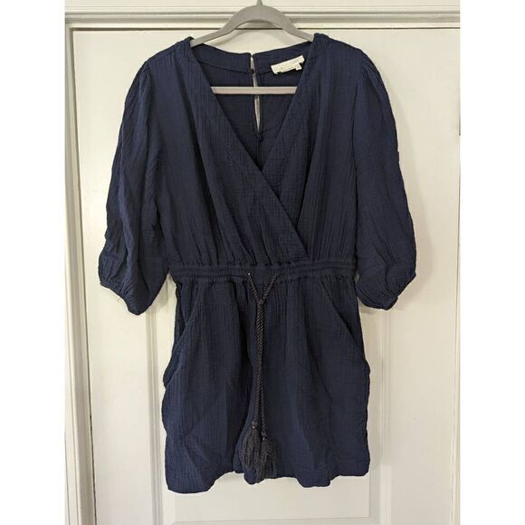 Anthropologie Celia Gauzy Romper Women's size XS navy blue faux wrap drawstring - Picture 5 of 13